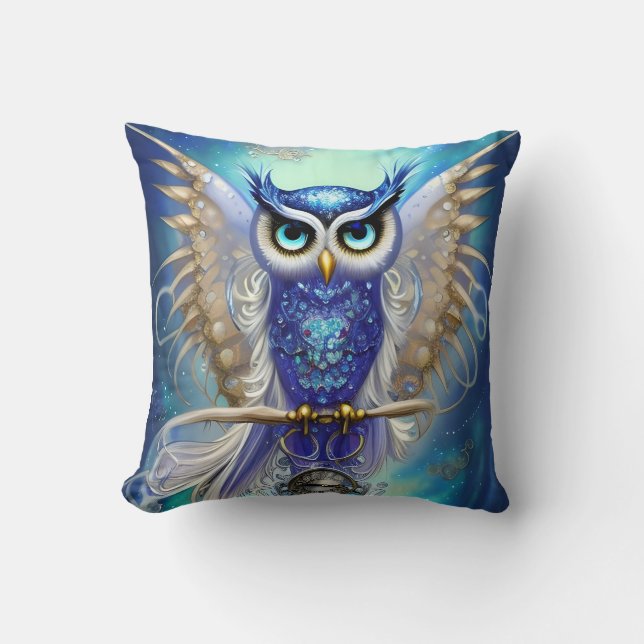 Blue Steampunk Owl Cushion (Front)