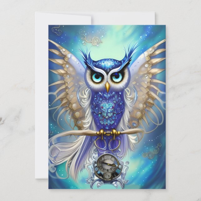 Blue Steampunk Owl Holiday Card (Front)