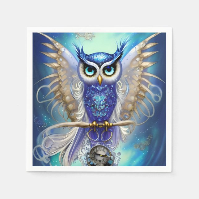 Blue Steampunk Owl Napkin (Front)