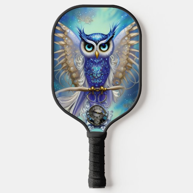 Blue Steampunk Owl Pickleball Paddle (Front)