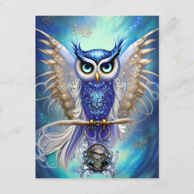 Blue Steampunk Owl Postcard (Front)