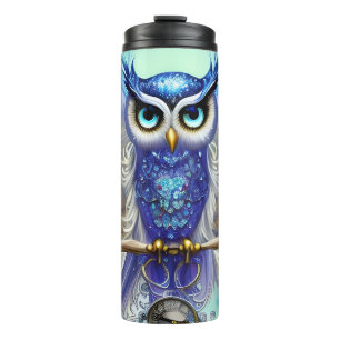 Blue Steampunk Owl Thermal Tumbler