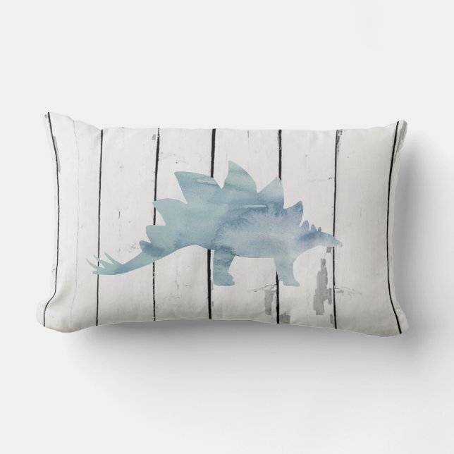 Blue Stegosaurus Dinosaur Shiplap Rustic Decor Lumbar Cushion (Front)