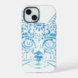 blue stencil cat iPhone 15 case