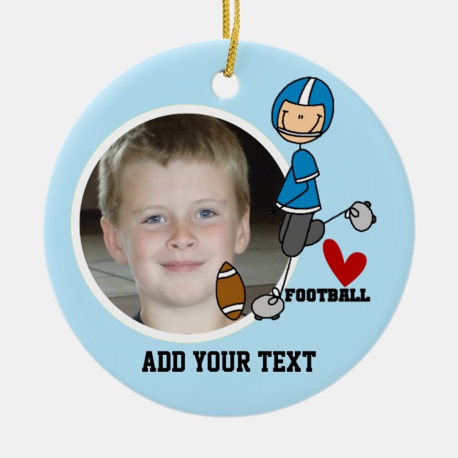 Blue Stick Figure Football Player Keepsake Ceramic Tree Decoration (Front)
