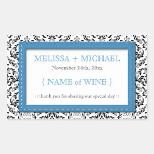 Blue Stitched Damask horizontal Wedding Wine Label