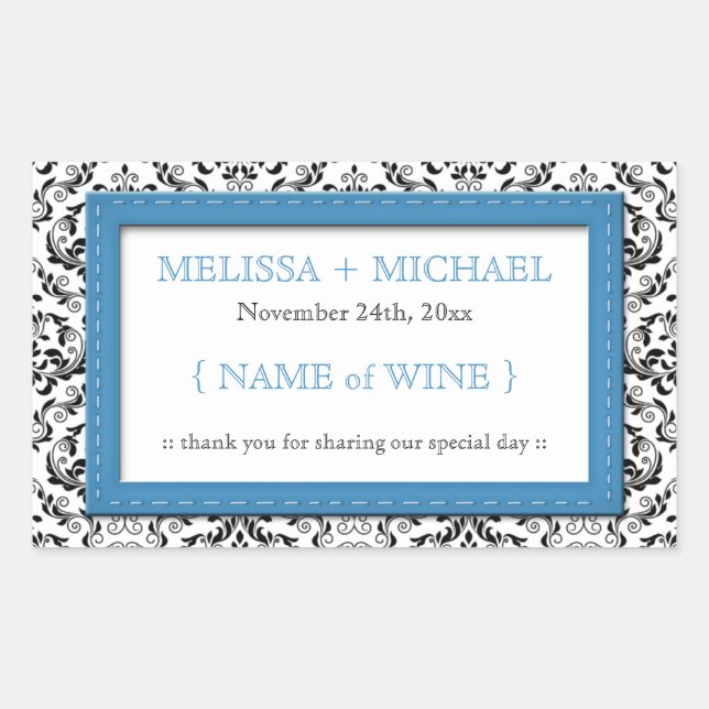 Blue Stitched Damask horizontal Wedding Wine Label (Front)