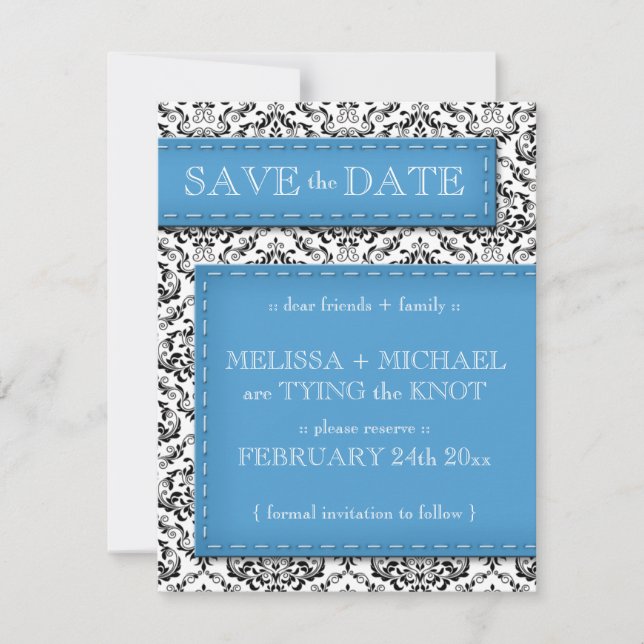 Blue Stitched Damask Save the Date Announcements (Front)