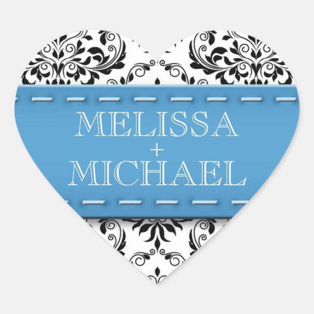 Blue Stitched Damask Wedding Heart Envelope Seals (Front)