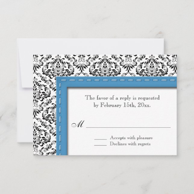 Blue Stitched Damask Wedding Reply / RSVP Cards (Front)