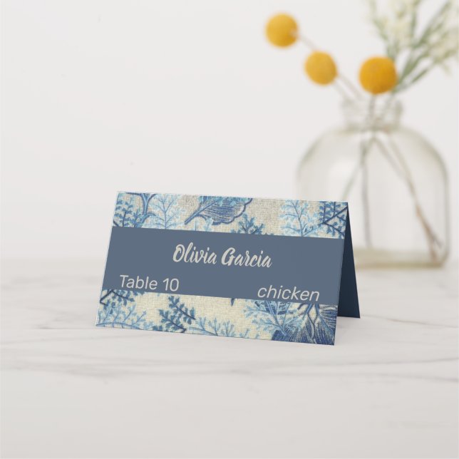 Blue Stitched Floral Place Card (Front)