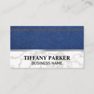 Blue Stitched Leather   White Marble Metallic Trim Business Card