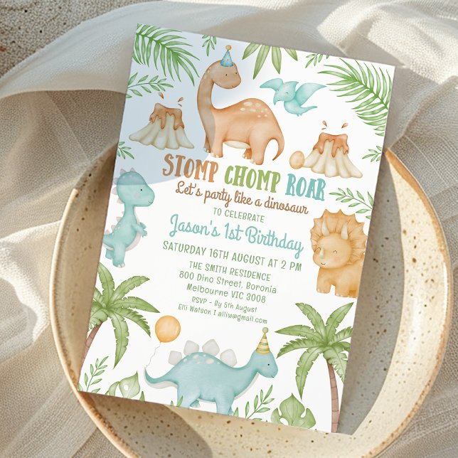 Blue Stomp Chomp Roar Party Like Dinosaur Birthday Invitation (Cute Boys Dinosaur Themed Birthday Invitation Stomp Chomp Roar Party Like Dinosaur 1st Birthday)