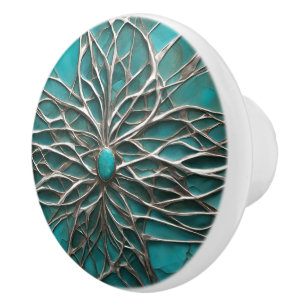 Blue Stone & Liquid Metal Art  Ceramic Knob