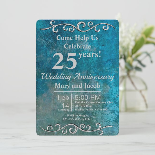 Blue Stone Silver Anniversary Invitation (Standing Front)