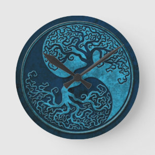 Blue Stone Yin Yang Trees Round Clock
