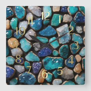 Blue Stones Trimmed in Gold Square Wall Clock