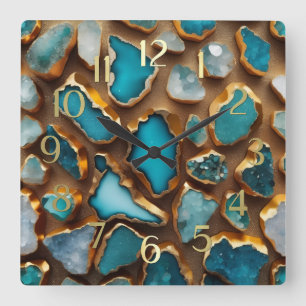 Blue Stones Trimmed in Gold Square Wall Clock