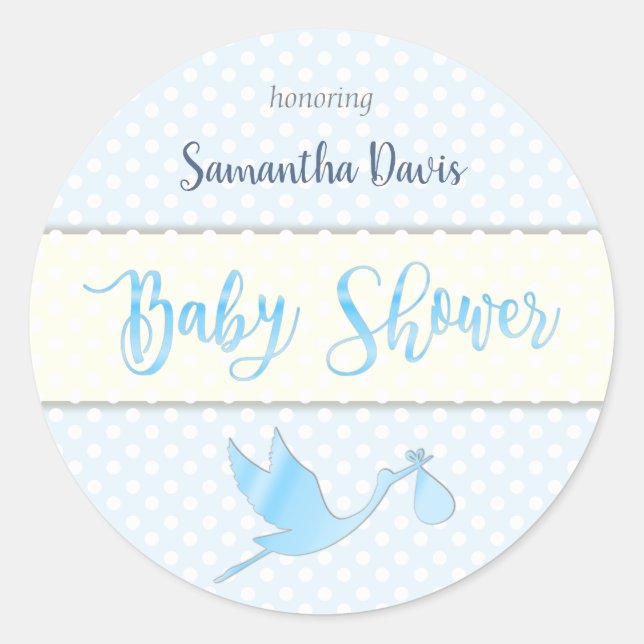 Blue Stork Baby Boy Baby Shower Classic Round Sticker (Front)