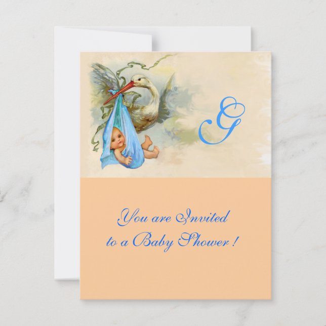 BLUE STORK BABY BOY SHOWER MONOGRAM  Pink Shimmer Invitation (Front)