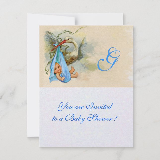 BLUE STORK BABY BOY SHOWER MONOGRAM White Shimmer Invitation (Front)