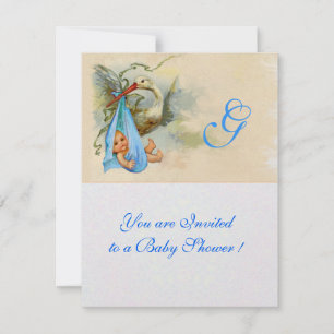 BLUE STORK BABY BOY SHOWER MONOGRAM White Shimmer Invitation