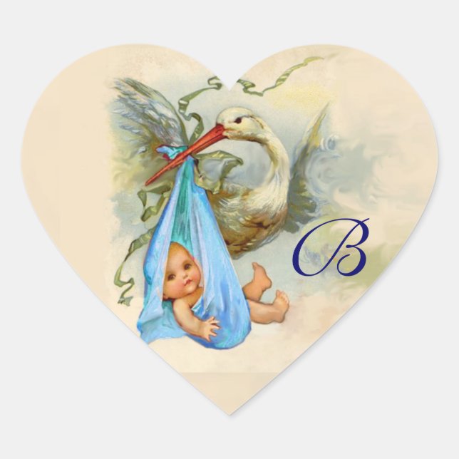 BLUE STORK BABY SHOWER HEART MONOGRAM , STICKER (Front)