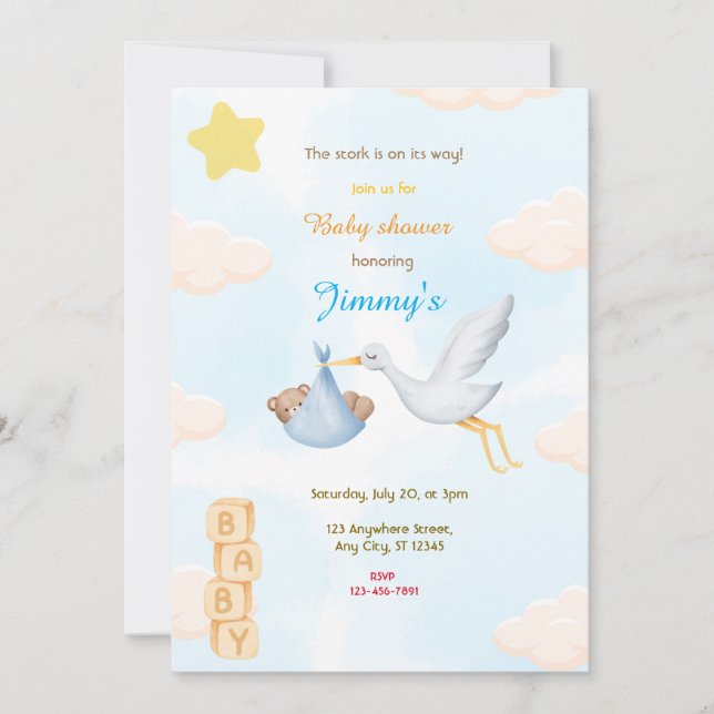 Blue Stork Baby Shower Invitation (Front)