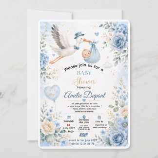 Blue Stork Baby Shower Invitation | Elegant Waterc