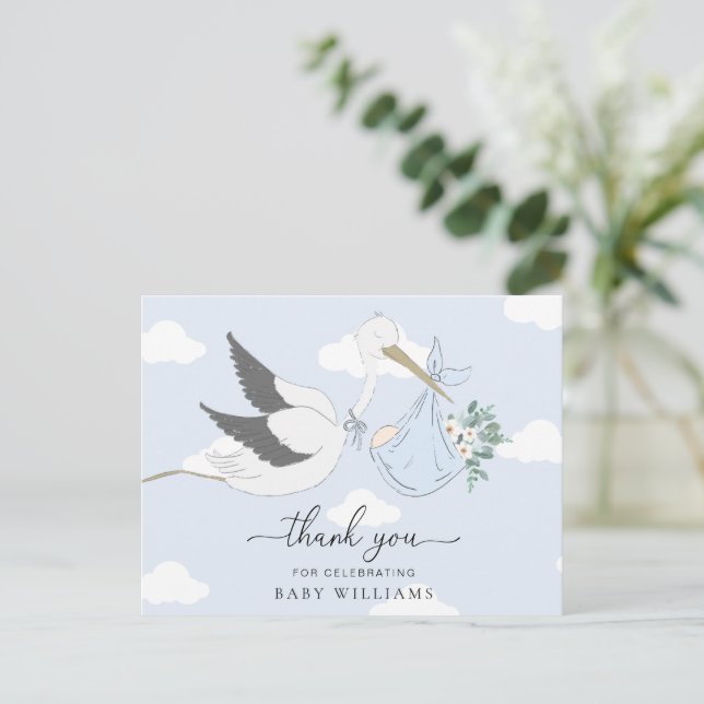 Blue Stork Baby Shower Thank You Postcard (Standing Front)