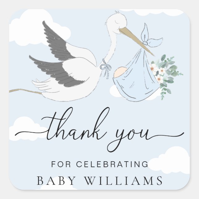 Blue Stork Baby Shower Thank You Square Sticker (Front)