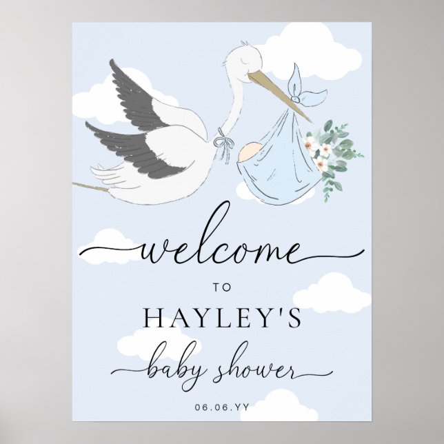Blue Stork Baby Shower Welcome Poster (Front)