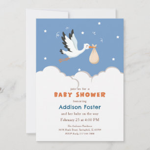 Blue Stork Boy Special Delivery Baby Shower Invitation