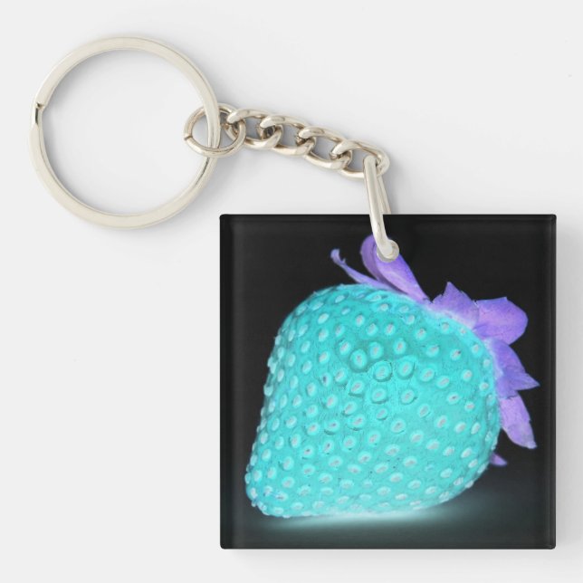 Blue strawberry neon look on black cute berry key ring (Front)