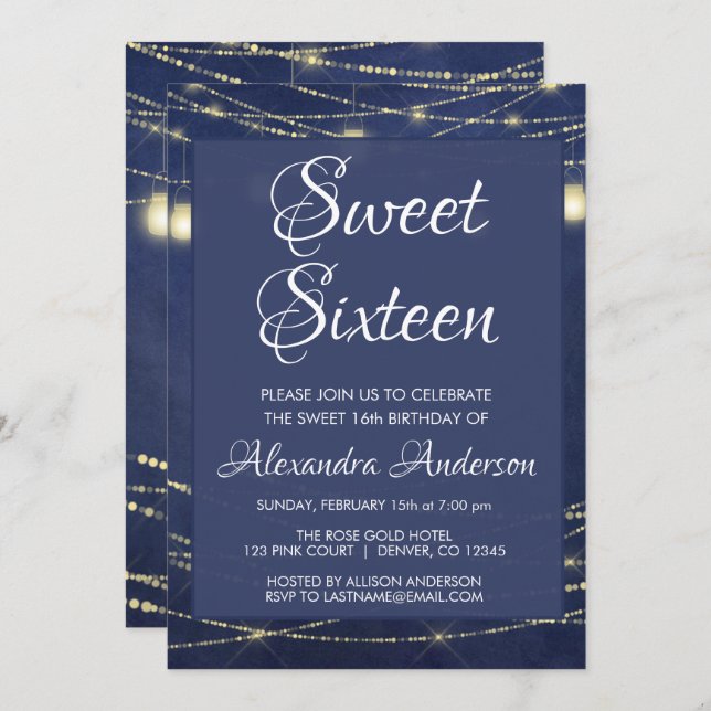 Blue String Light Mason Jar Sweet 16 Birthday Invitation (Front/Back)
