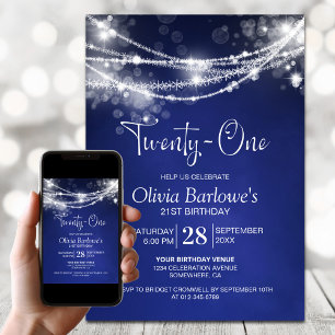 Blue String Lights 21st Birthday Party Invitation