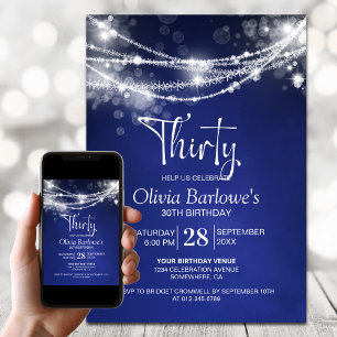 Blue String Lights 30th Birthday Party Invitation