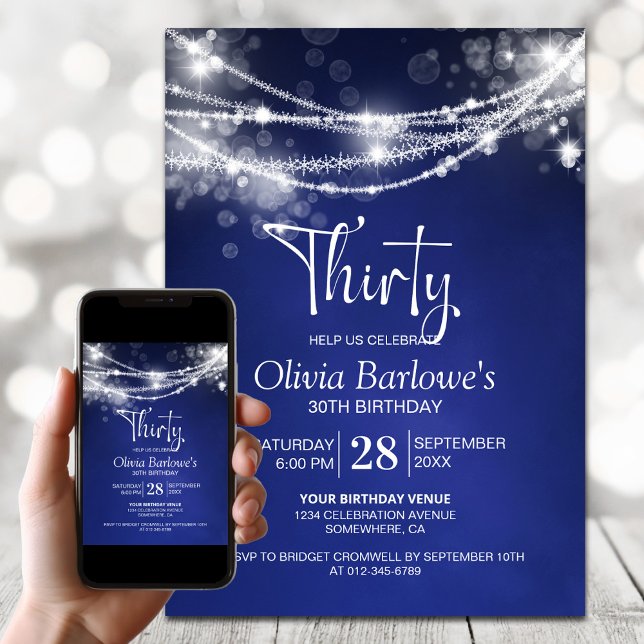 Blue String Lights 30th Birthday Party Invitation (Creator Uploaded)