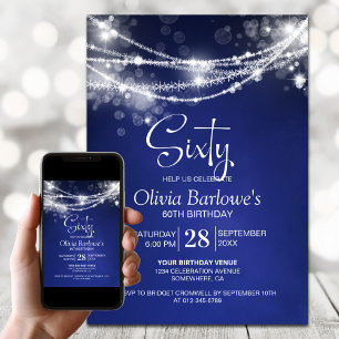 Blue String Lights 60th Birthday Party Invitation
