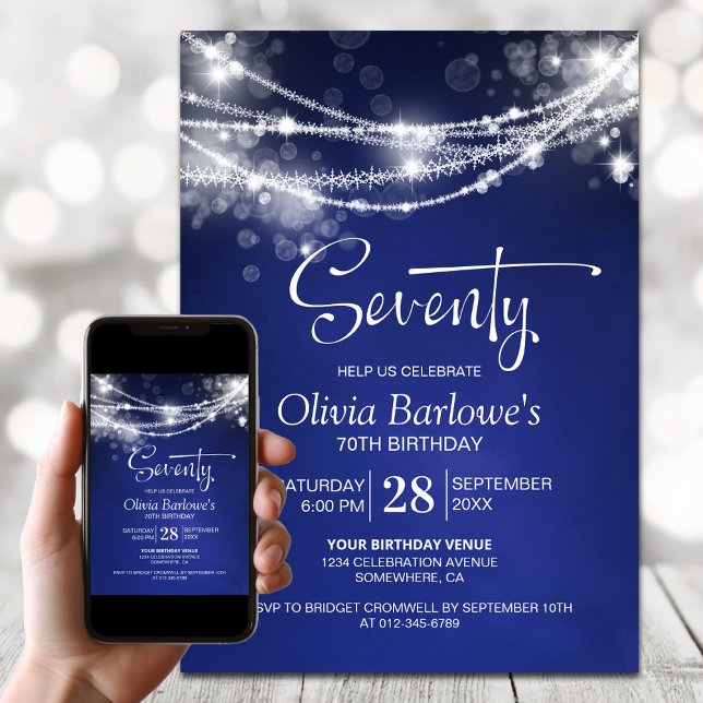 Blue String Lights 70th Birthday Party Invitation (Creator Uploaded)