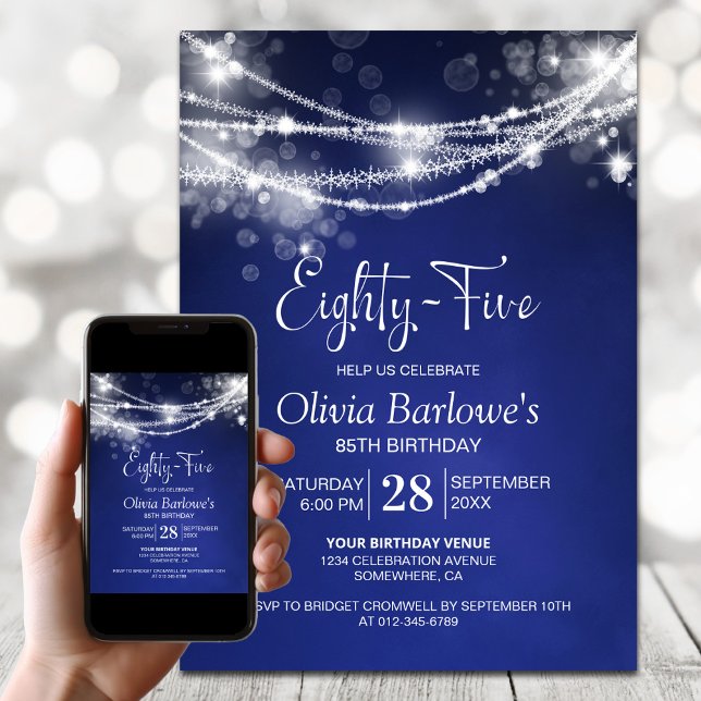 Blue String Lights 85th Birthday Party Invitation (Creator Uploaded)
