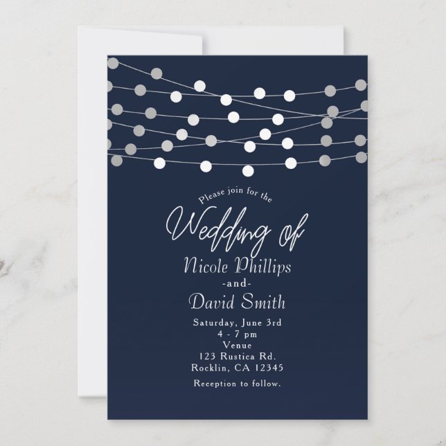 Blue String Lights Modern Chic Wedding Invitation (Front)