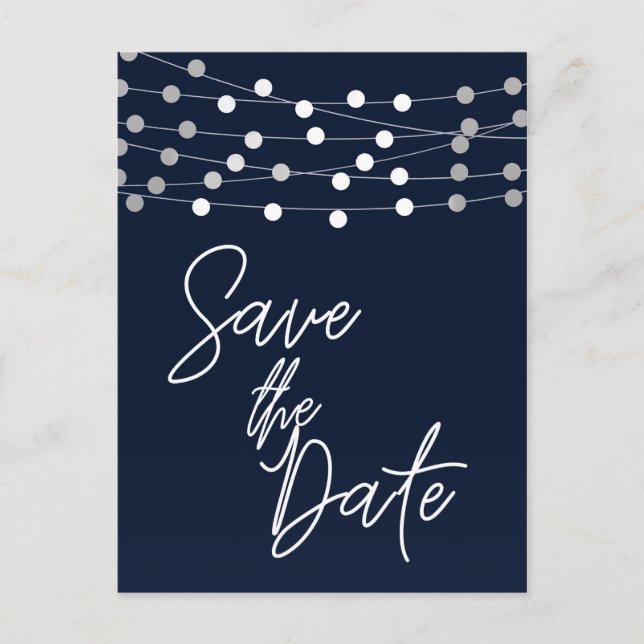 Blue String Lights Modern Script Save the Date Announcement Postcard (Front)