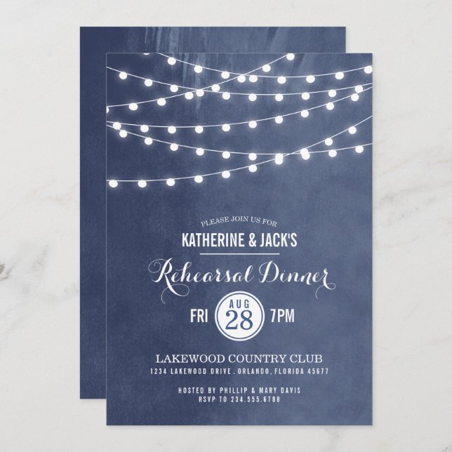 Blue String Lights Rehearsal Dinner Invitation (Front/Back)
