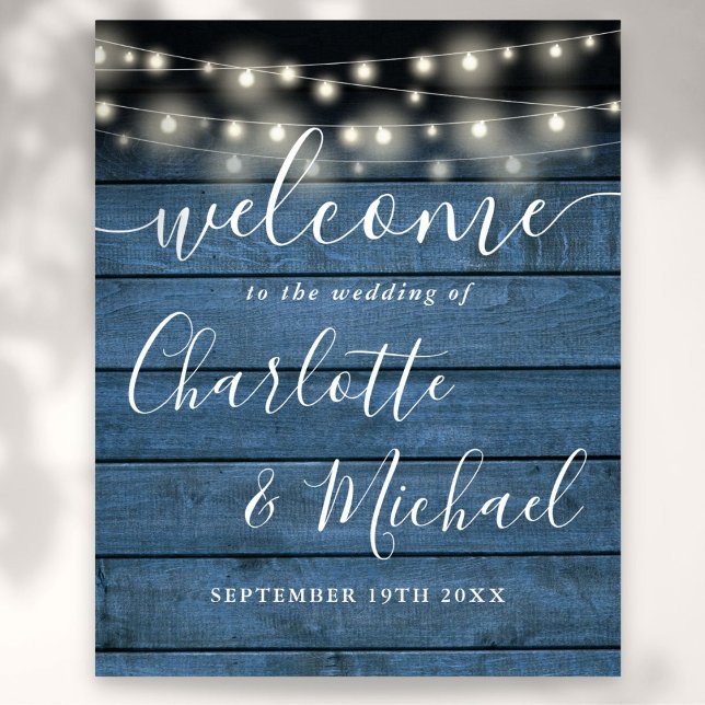 Blue String Lights Rustic Wedding Welcome Sign (Blue String Lights Rustic Wedding Welcome Sign)