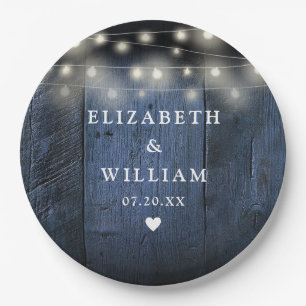 Blue String Lights Rustic Wood Boho Barn Wedding Paper Plate