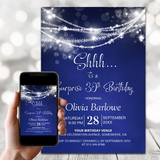 Blue String Lights Surprise 30th Birthday Party Invitation (Creator Uploaded)