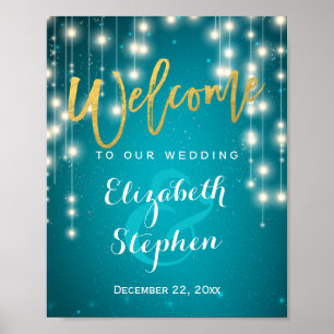 Blue String Lights Welcome Wedding Reception Sign