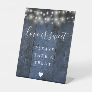 Blue String Lights Wood Love Is Sweet Favour Pedestal Sign