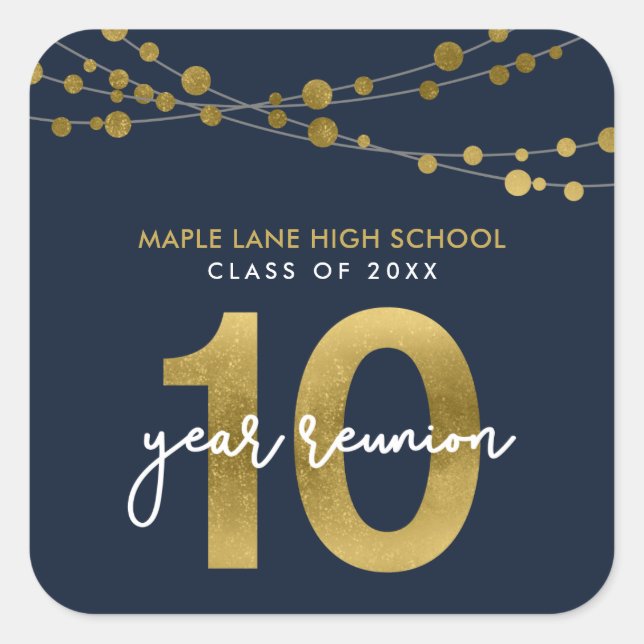 Blue Strings of Lights 10 Year Class Reunion Square Sticker (Front)